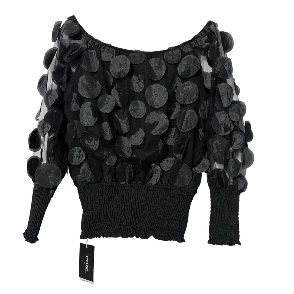 NWT U0OZEE Womens Sheer Applique Top Boat Neck Size L Elastic Trim - Picture 4 of 4